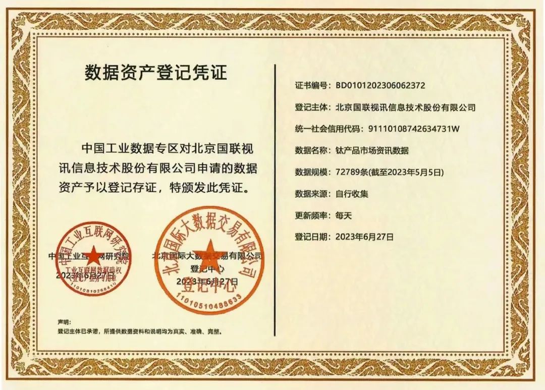 国联股份获得中国工业数据专区首批数据资产登记互认证书